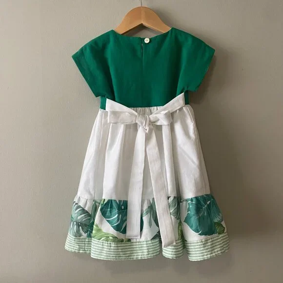 Handmade Children's Green White Linen Viscose Cotton Crochet Flower Dress - Picture 2 of 14